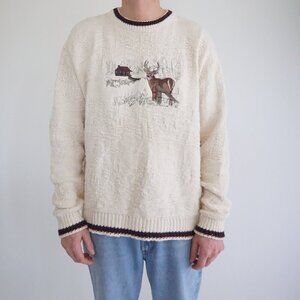 90S Craft & Barrow Cream Embroidered Cabin Buck Cotton Knit Crewneck Sweater L